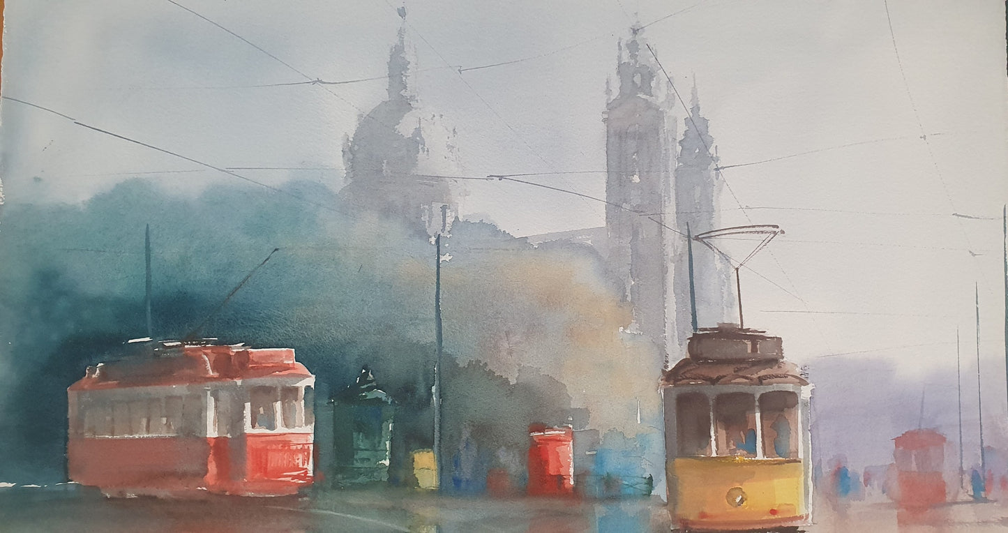 Eléctricos de Lisboa e a Basílica da Estrela, Águarela original de António Neves