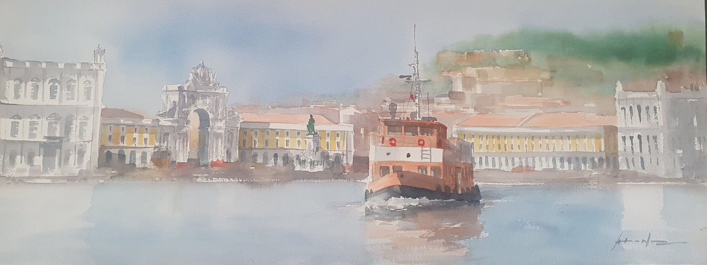 Lisboa e o Rio Tejo e Cacilheiro, Águarela original de António Neves