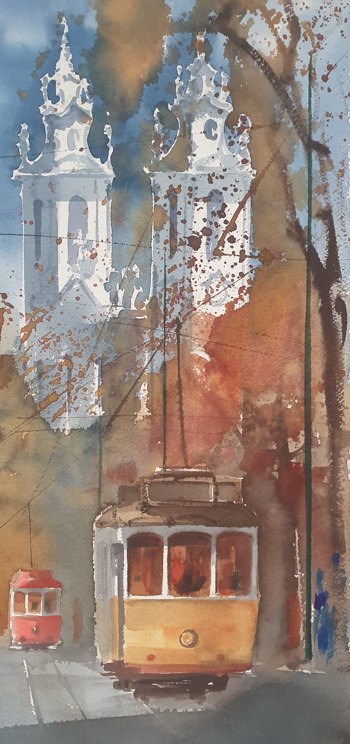 Eléctrico na Estrela, Basílica de Lisboa, Portugal, Águarela original de António Neves
