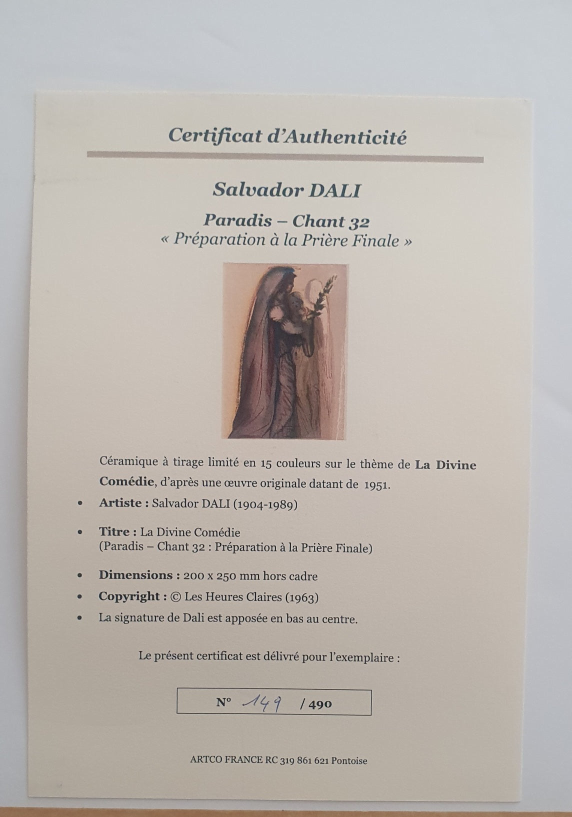 Salvador Dali, cerâmica "Préparation à la Prière Finale", A DIVINA COMÉDIA DE DANTE