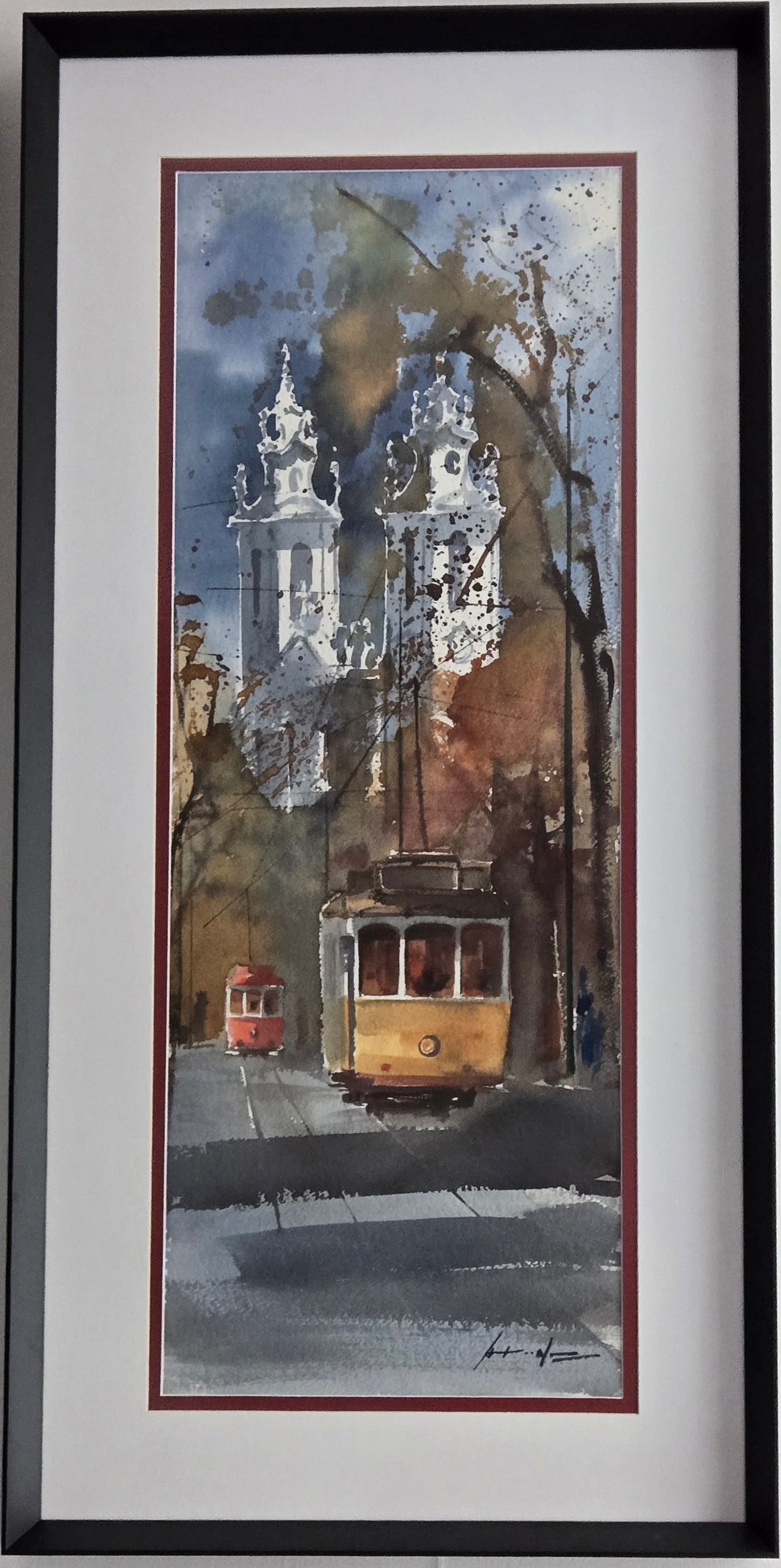 Eléctrico na Estrela, Basílica de Lisboa, Portugal, Águarela original de António Neves