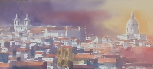 Lisboa, pôr do Sol, Portugal, Águarela original de António Neves