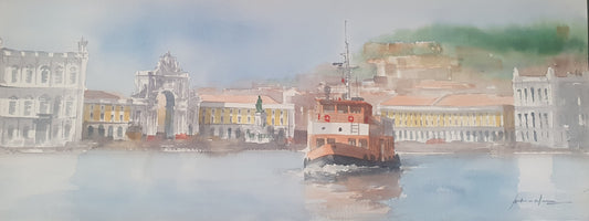 Lisboa e o Rio Tejo e Cacilheiro, Águarela original de António Neves