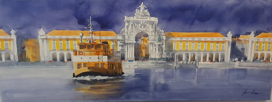 Lisboa azul e cacilheiro no rio, Águarela sobre tela original de António Neves