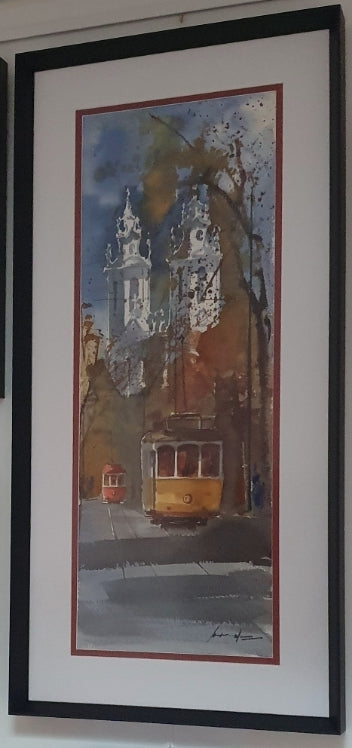 Eléctrico na Estrela, Basílica de Lisboa, Portugal, Águarela original de António Neves