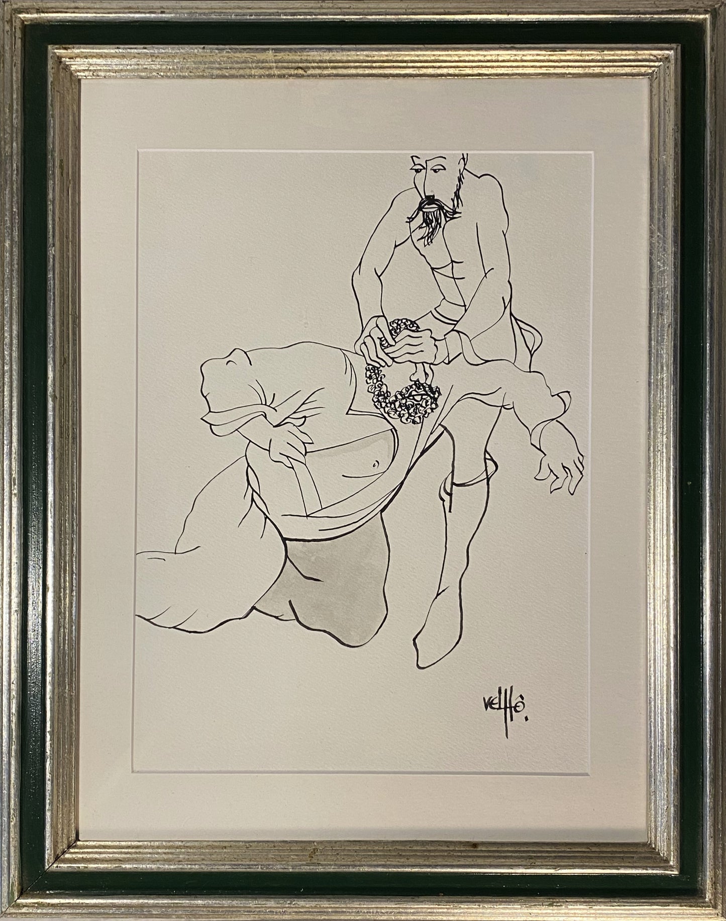 Desenho original a preto e branco da série D. Quixote do mestre Velhô