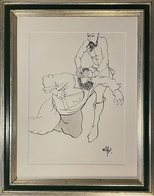 Desenho original a preto e branco da série D. Quixote do mestre Velhô