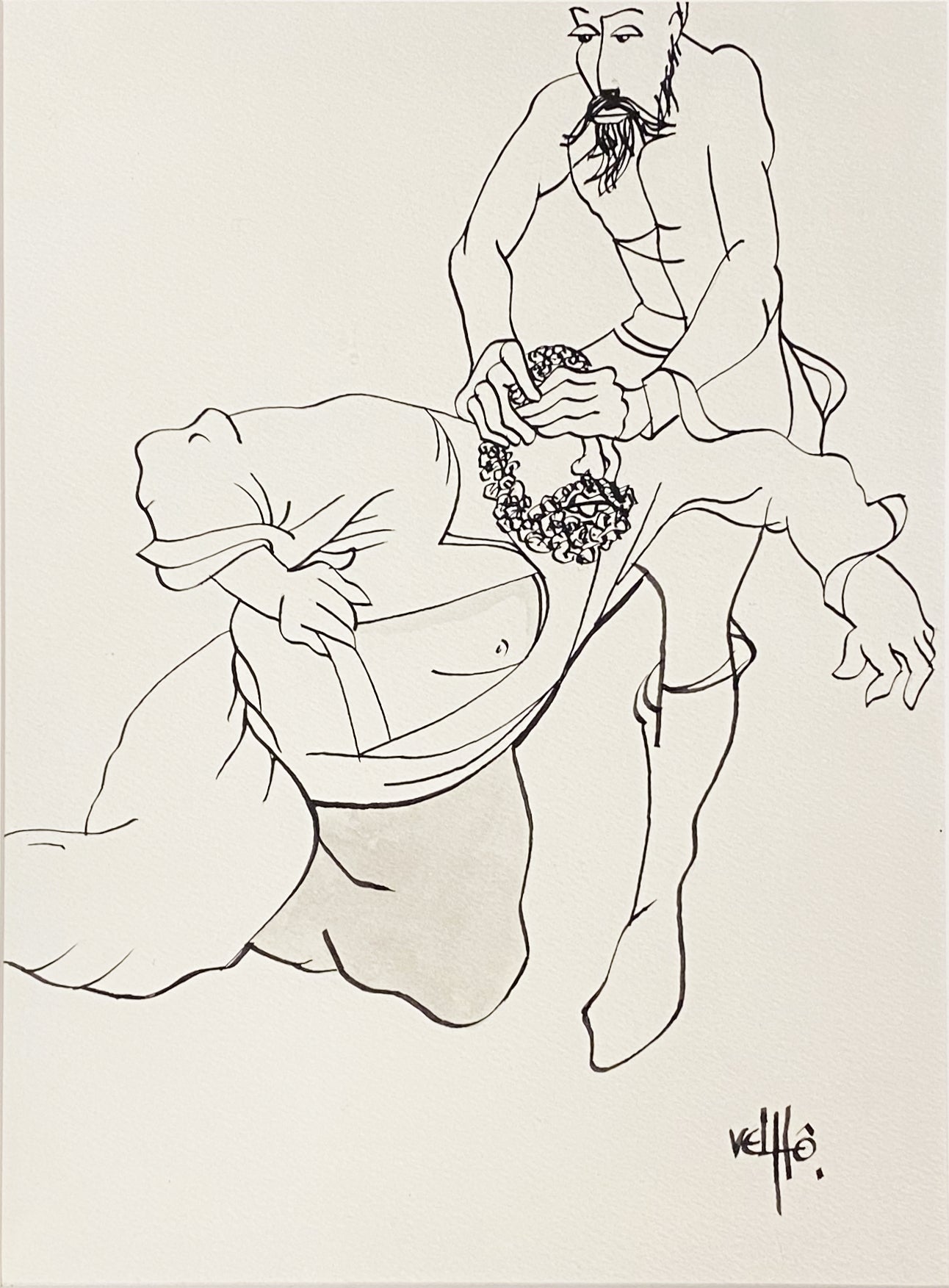 Desenho original a preto e branco da série D. Quixote do mestre Velhô