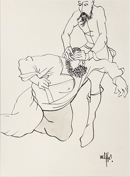 Desenho original a preto e branco da série D. Quixote do mestre Velhô