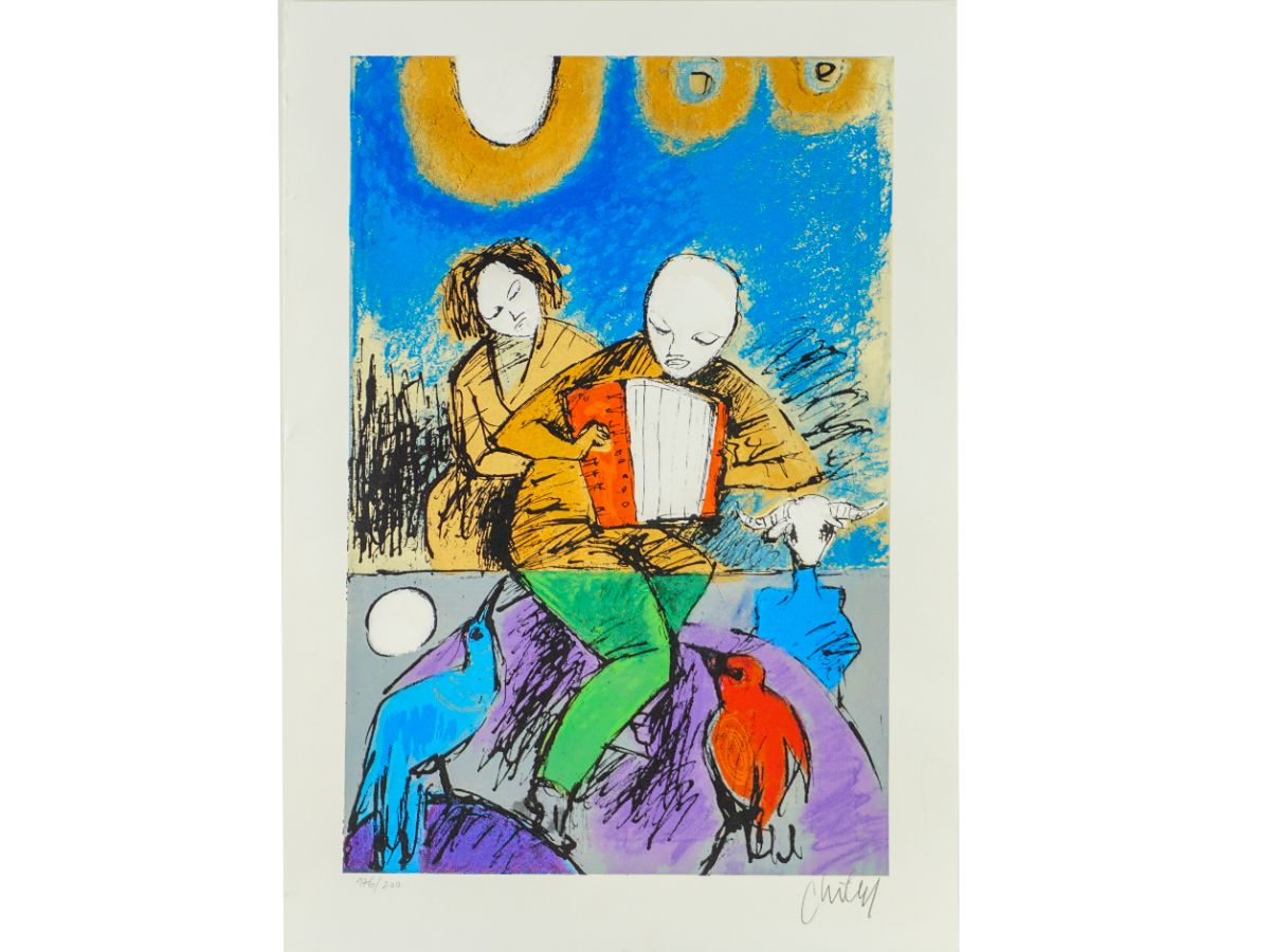 Serigrafia do mestre Chichorro, com Música e animais